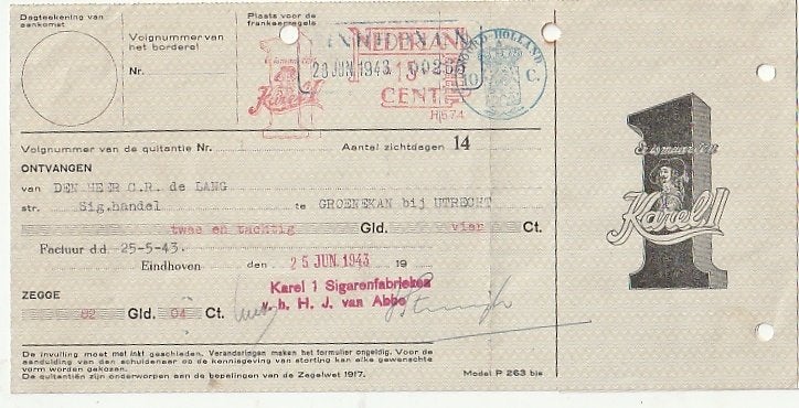 sigarenfabriek Karel I Eindhoven wissel 1943, Verzamelen, Ophalen of Verzenden, Zo goed als nieuw, Overige typen