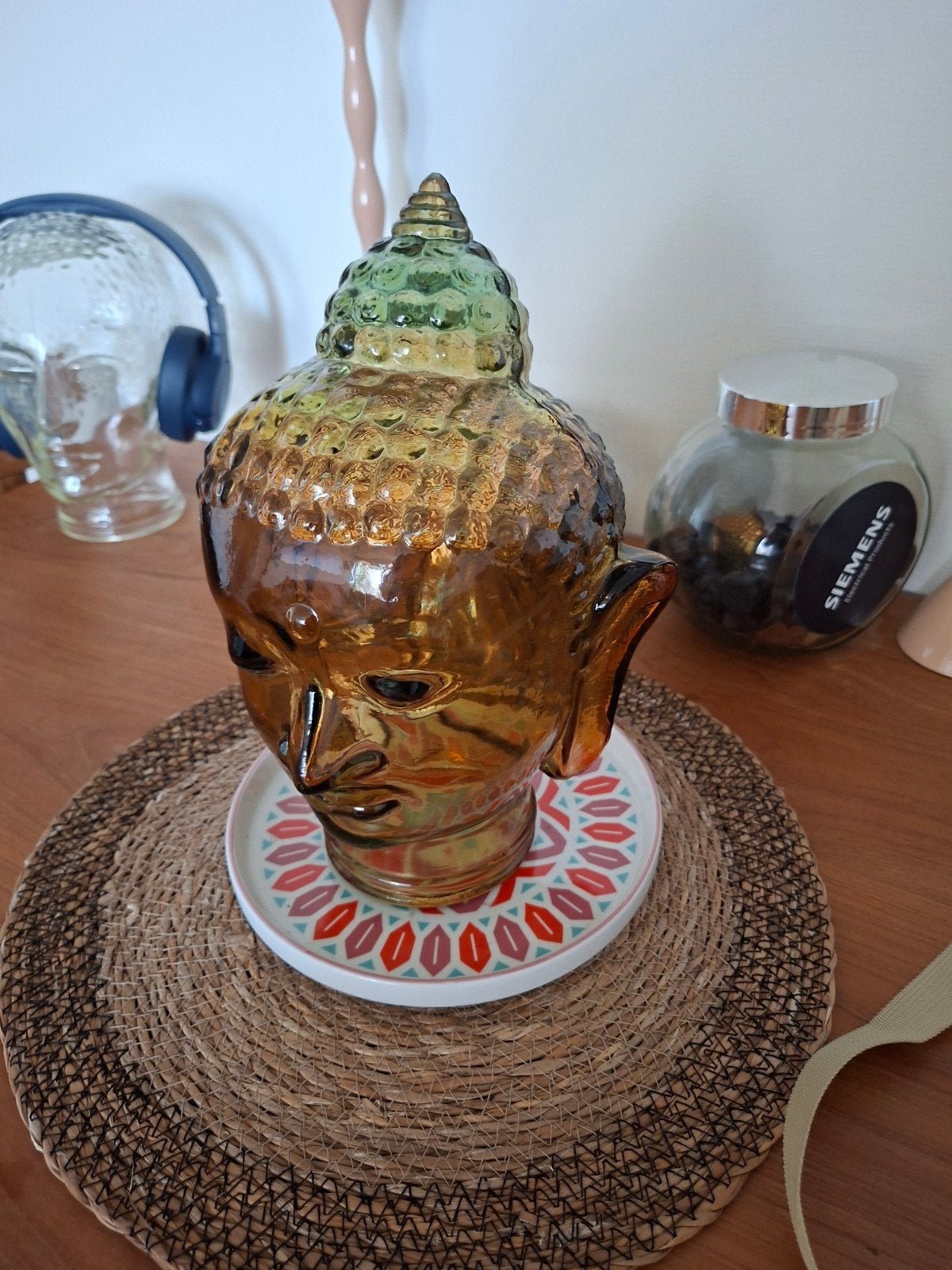 Decoratieve Boeddha Hoofd van Glas - Amberkleurig, Ophalen, Zo goed als nieuw, Glas, Meerkleurig