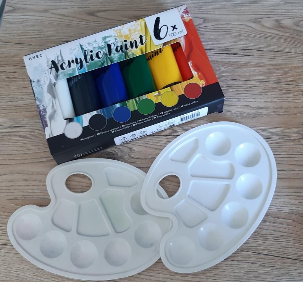 Acrylverf set met paletten - 6x100ml AVEC, Ophalen of Verzenden, Nieuw, Acrylverf