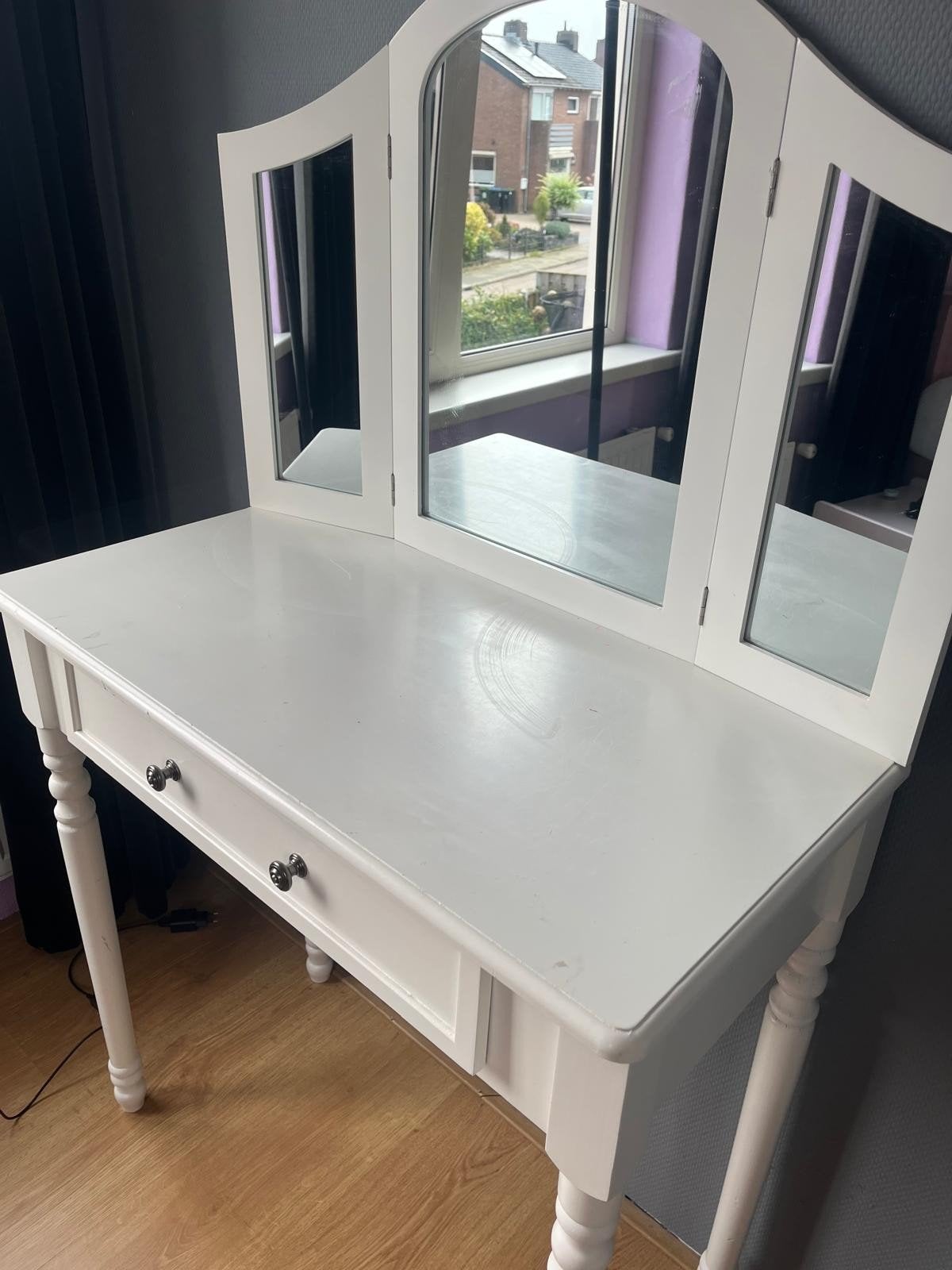 Witte kaptafel met spiegel en lade, Ophalen, Gebruikt, 100 tot 150 cm, 50 tot 100 cm