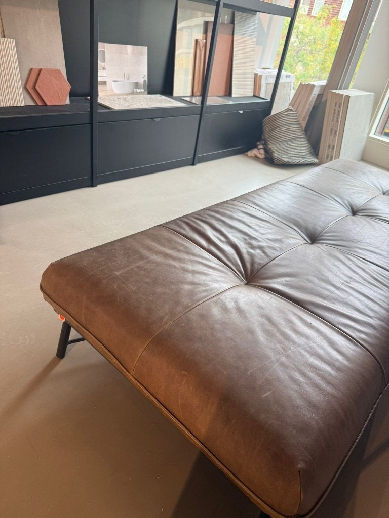 Showroom daybed/lounge Luxe Jess Design metaal leer naturel, Ophalen, Eenpersoons, Zo goed als nieuw, Minder dan 150 cm