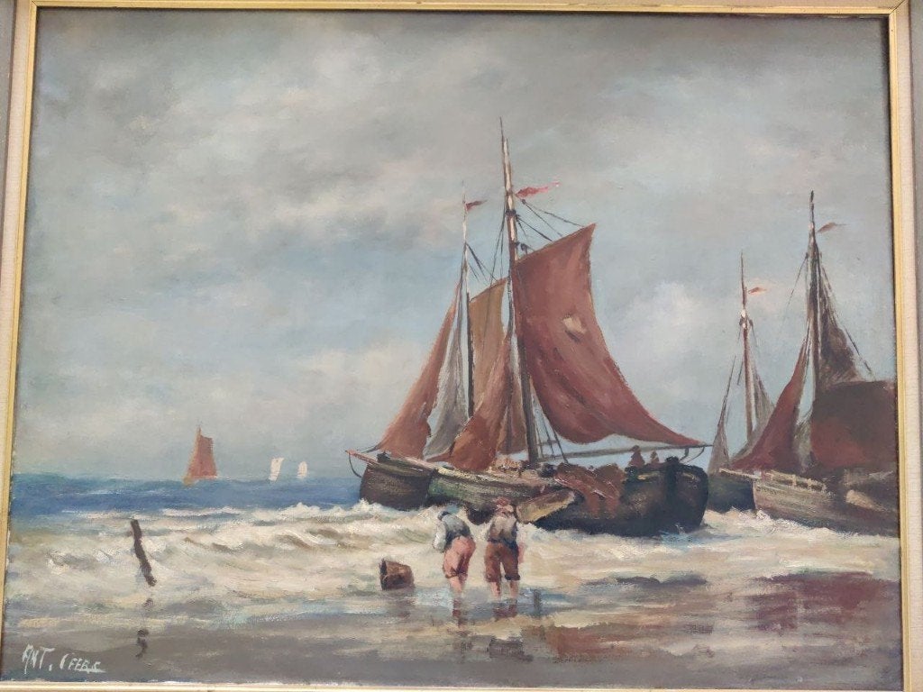 Oud schilderij - Prachtig gesigneerd zeegezicht met boten, Antiek en Kunst, Ophalen