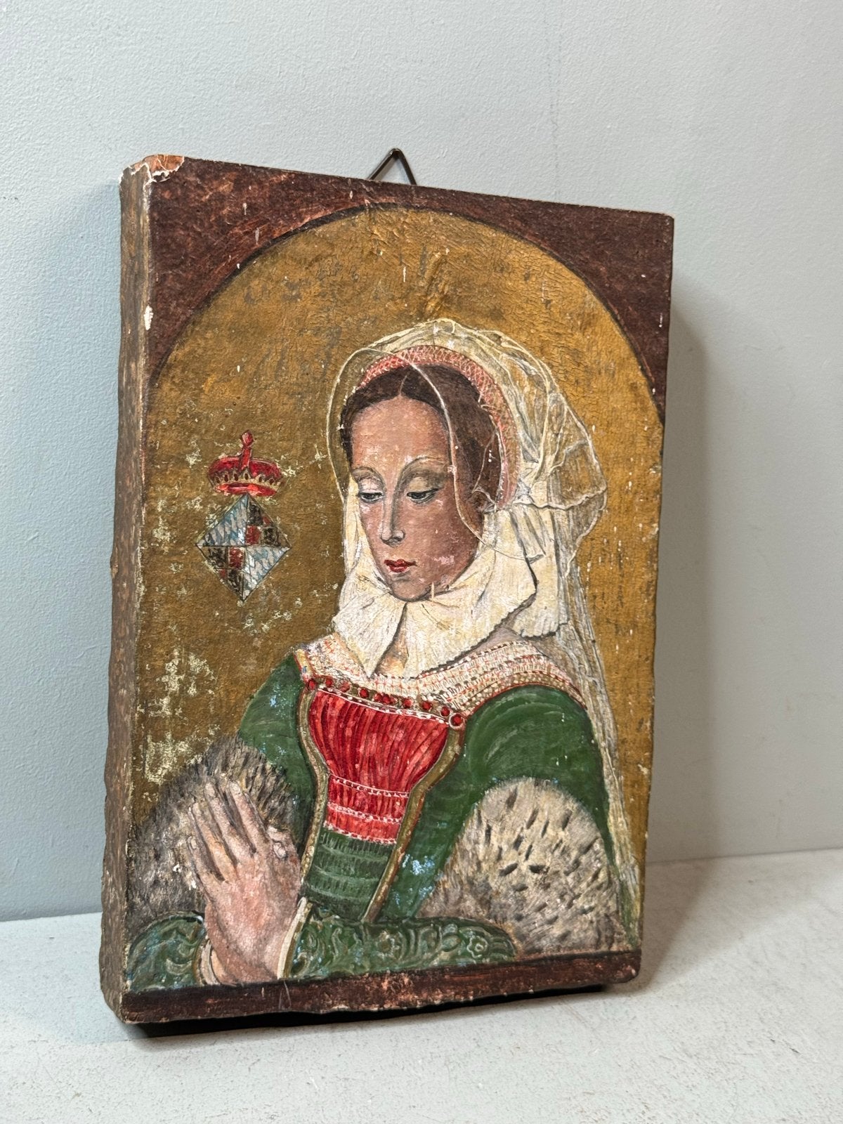 Antiek Portret Adellijke Dame in Gebed op Houten Paneel, Paneel, Portret of Personen, Ophalen of Verzenden, Handgeschilderd