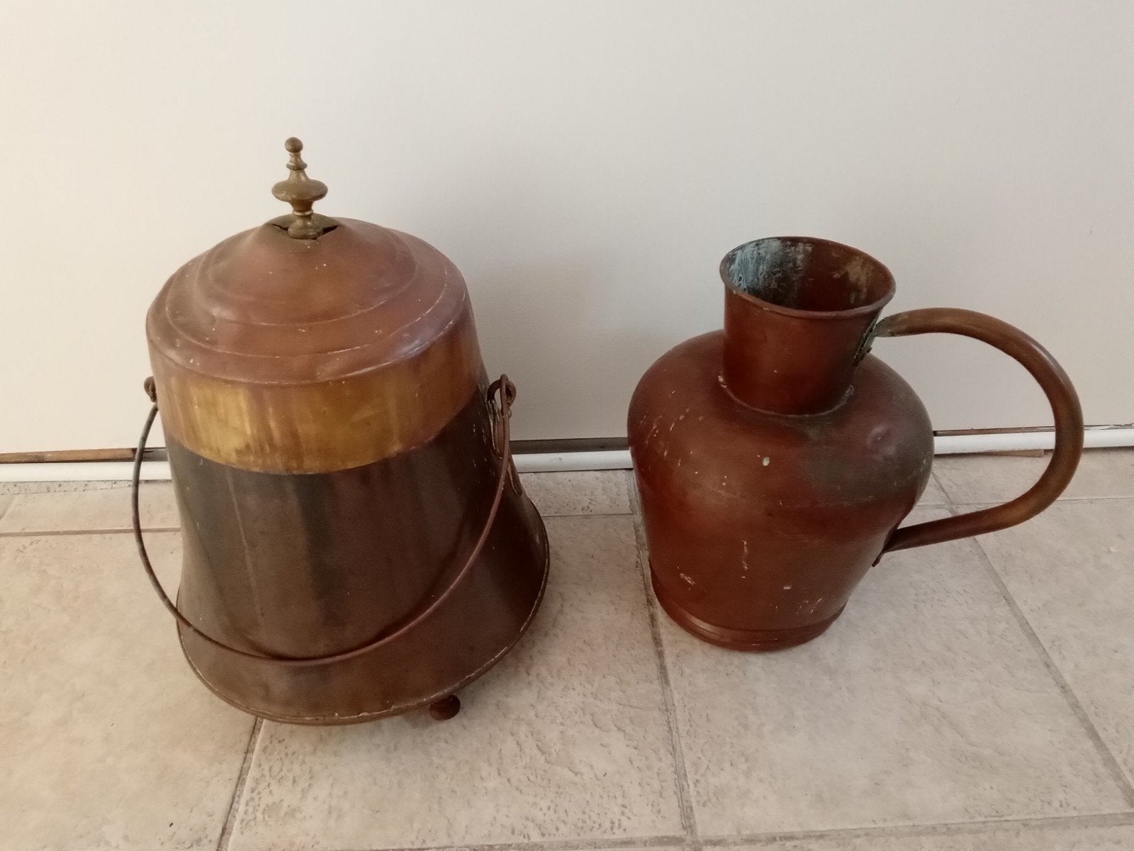 Koperen waterkan en doofpot - Antiek decoratie set, Ophalen, Koper