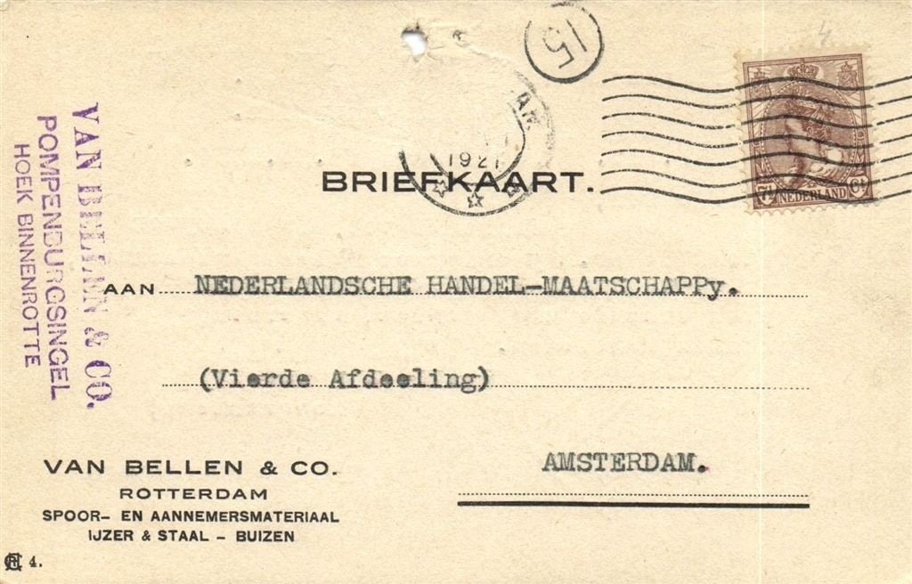 Van Bellen + Co., Rotterdam - 07.1921 - briefkaart, Ophalen of Verzenden, Briefkaart