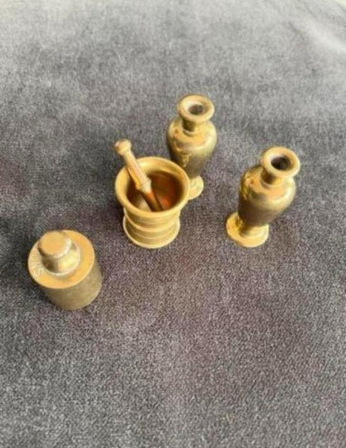 Miniatuur koperen vijzel, stamper en vazen, Ophalen of Verzenden, Koper