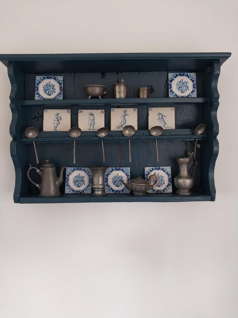 Antiek Lepelrek met Oud Tin en Delfts Blauwe Tegels, Ophalen of Verzenden