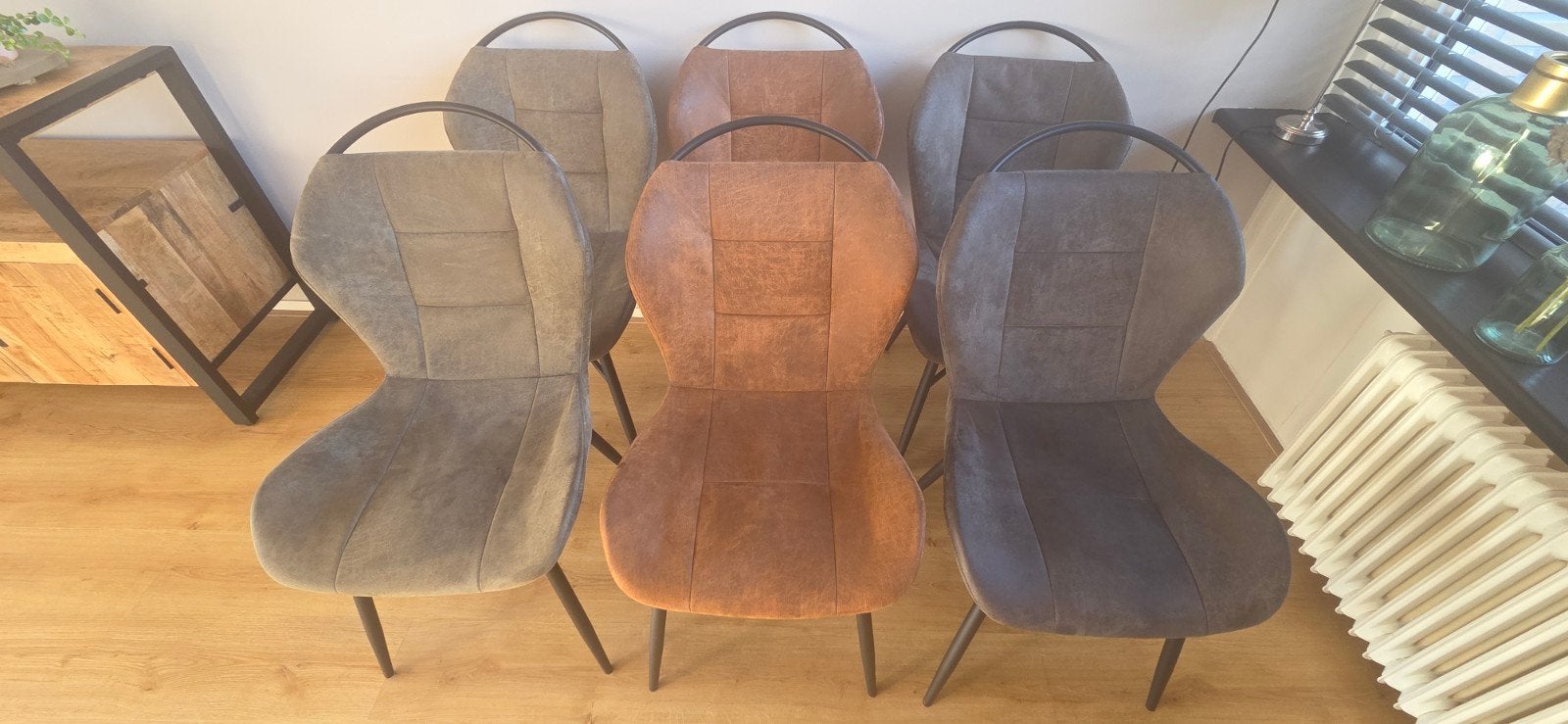 Set van 6 industriële eetkamerstoelen in diverse kleuren, Ophalen, Gebruikt, Stof, Vijf, Zes of meer stoelen