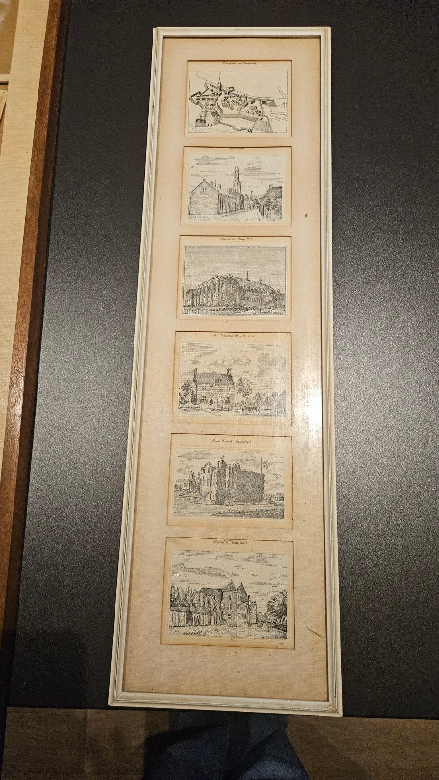 Zes historische gravures van stadsgezichten en gebouwen, Ingelijst, Stadsgezicht, Ophalen of Verzenden, Gravure