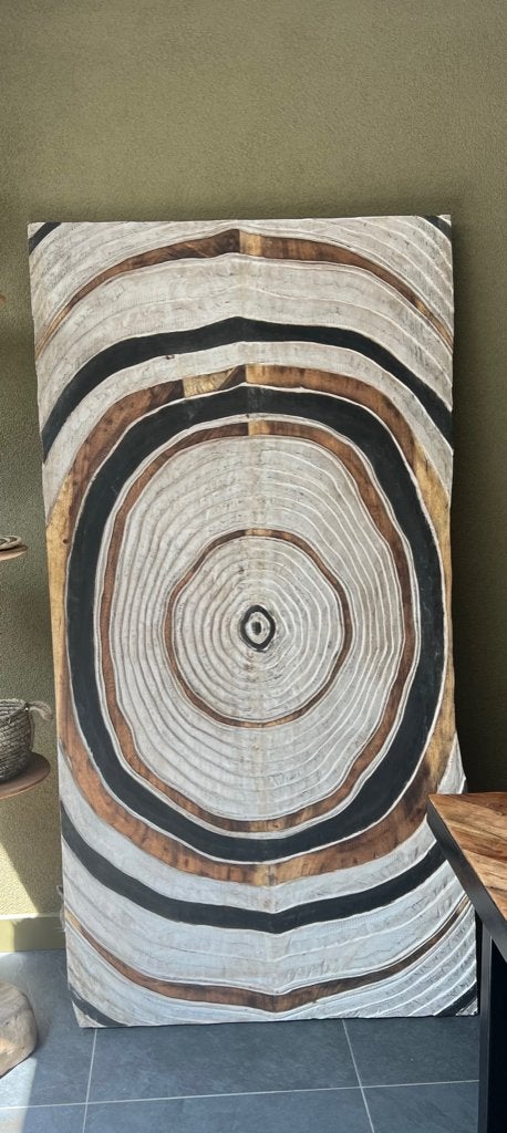 Wandpaneel suarhout groot 191 cm houtsnijwerk kringen bali, Verburgt Vintage, Boho, Hout, Meerkleurig