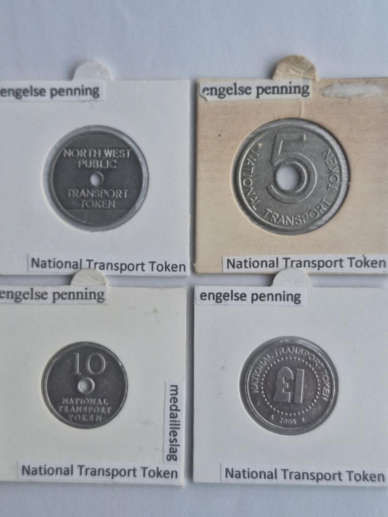 4 Engelse openbaar vervoerpenningen 3p, 5p, 10p en 1 pound, Verzenden, Overige landen, Setje