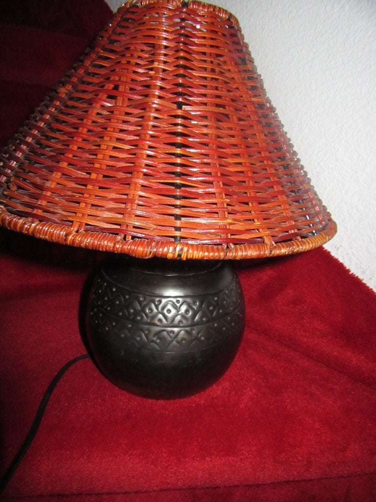 Vintage Retro ? SCHEMERLAMP Metaal met Rieten Kap 30 cm., Vintage, Met schakelaar, Natuurlijk materiaal, Schemerlamp