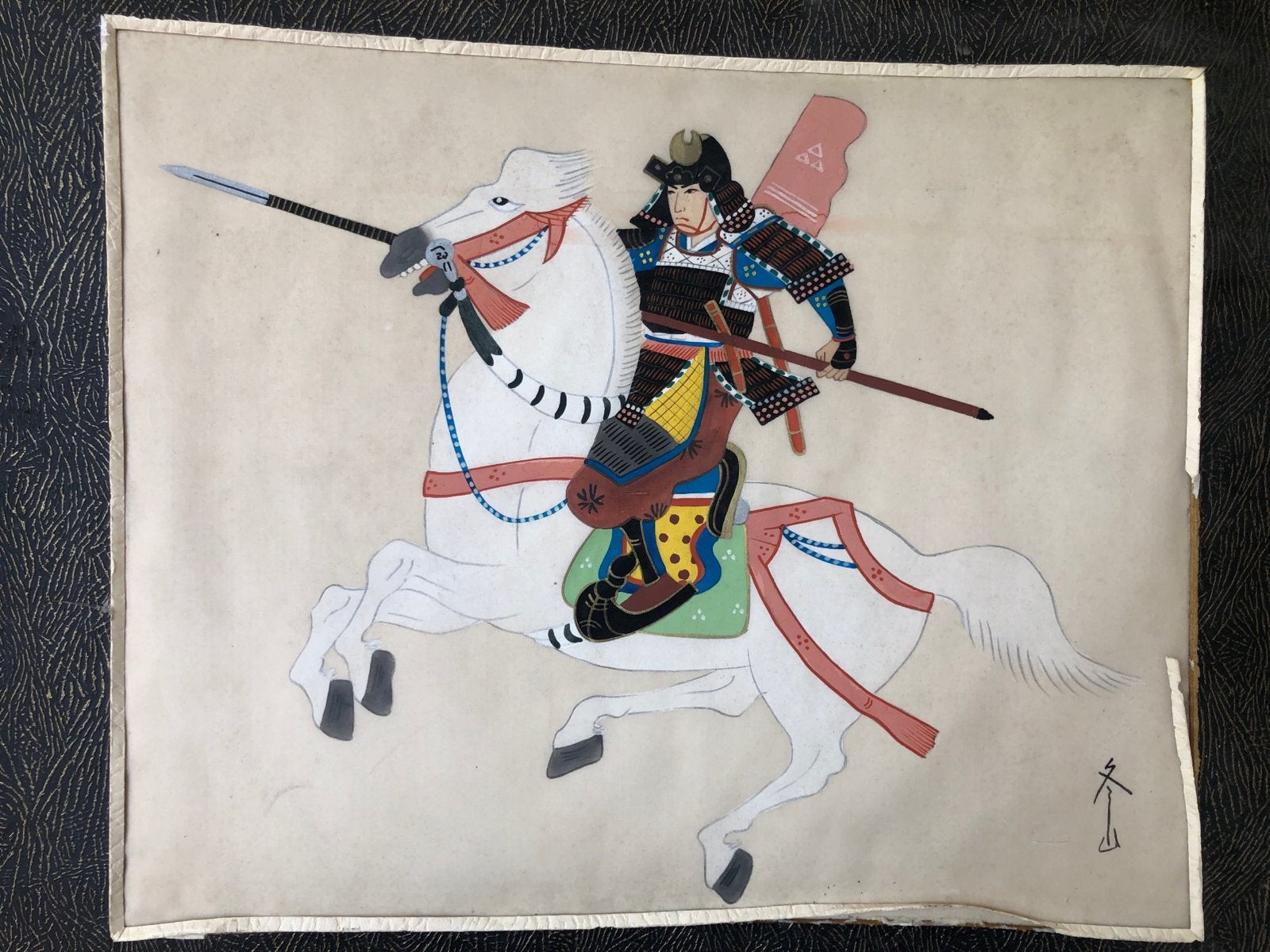 Antieke Japanse zijdeschildering: Samurai te paard, Ophalen, Japan, Meerkleurig, Geschilderd