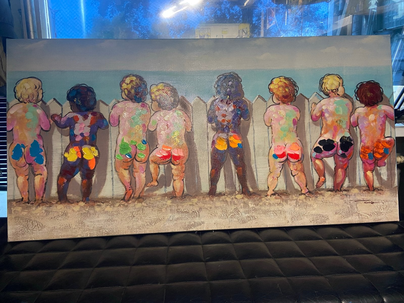 Modern schilderij 'Kinderen bij het hek', Ophalen of Verzenden, Gesigneerd, Textiel, Figuren