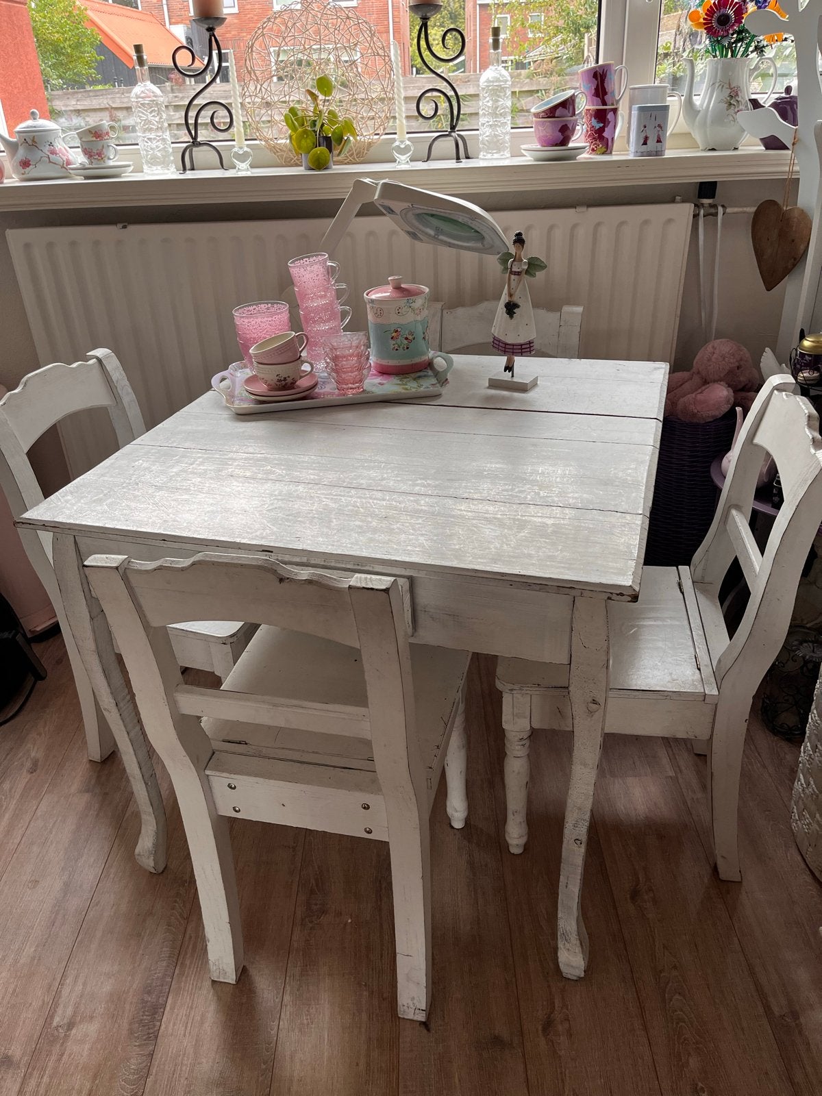 Vintage houten eettafel met 4 stoelen - Brocante stijl, Gebruikt, 100 tot 150 cm, Vierkant, Vier personen