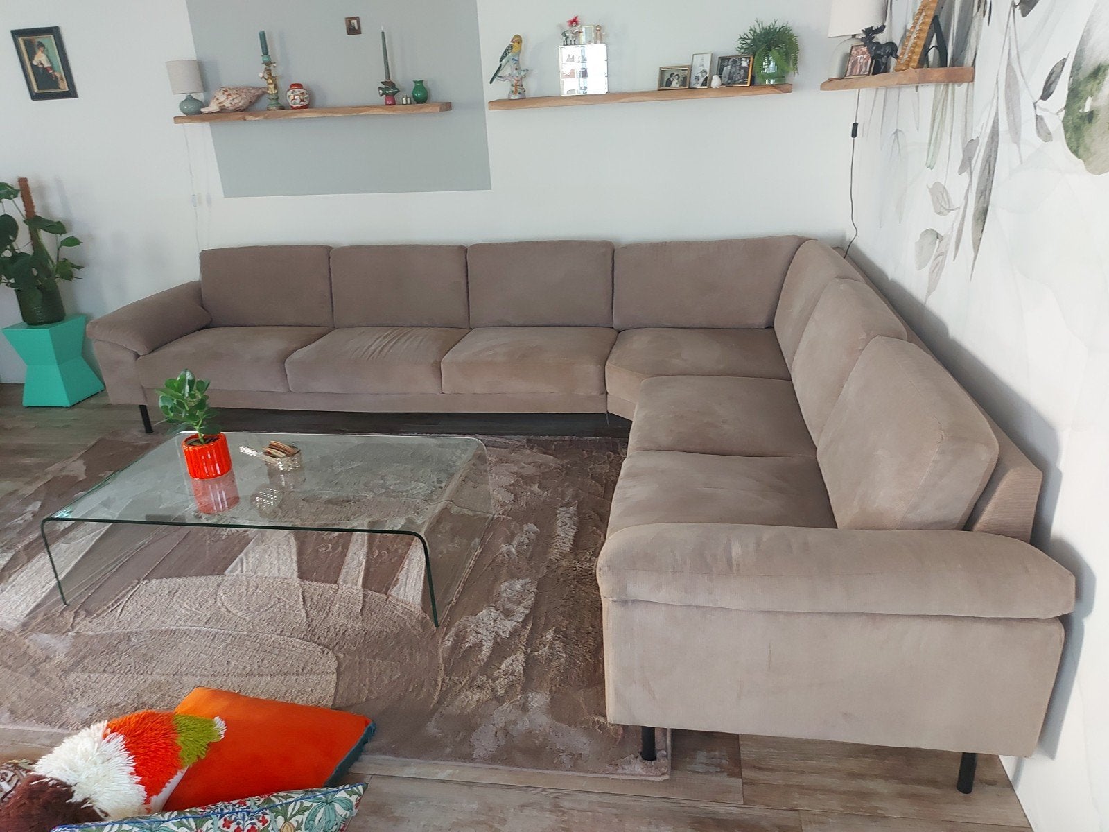 Grote taupe rib hoekbank (3.60x2.85) - Leenbakker, Ophalen, 125 tot 150 cm, Hoekbank, 300 cm of meer