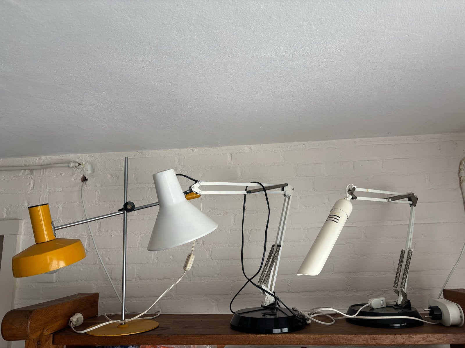 3 vintage retro bureaulampen - geel, wit, wit, Ophalen, Gebruikt, Metaal, 50 tot 75 cm