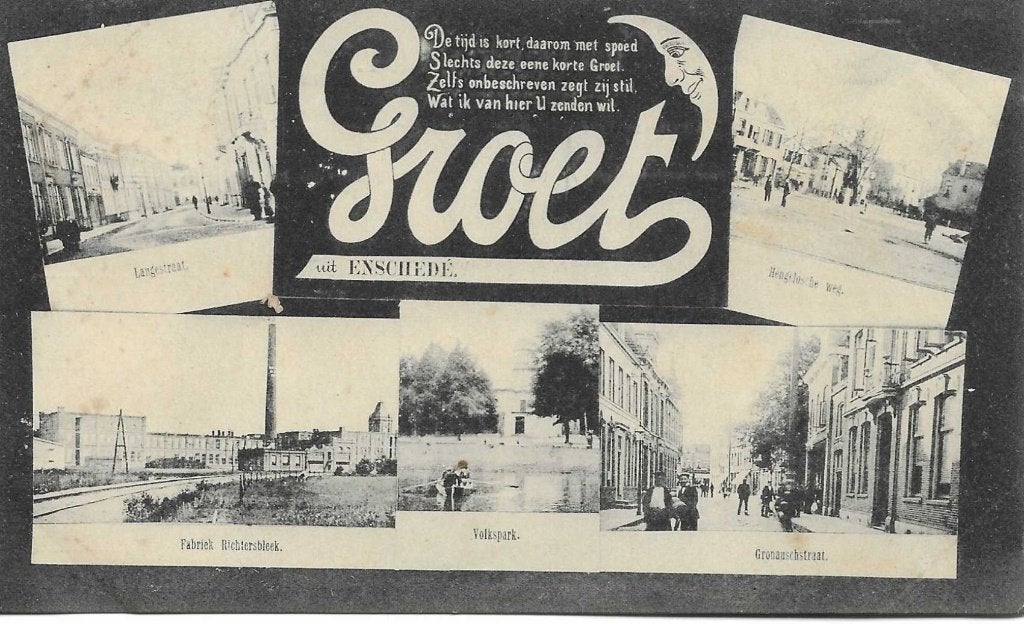 Enschede, Groet uit met 5 kleine afbeeldingen en rijmpje, Verzamelen, Verzenden, Voor 1920, Ongelopen, Overijssel