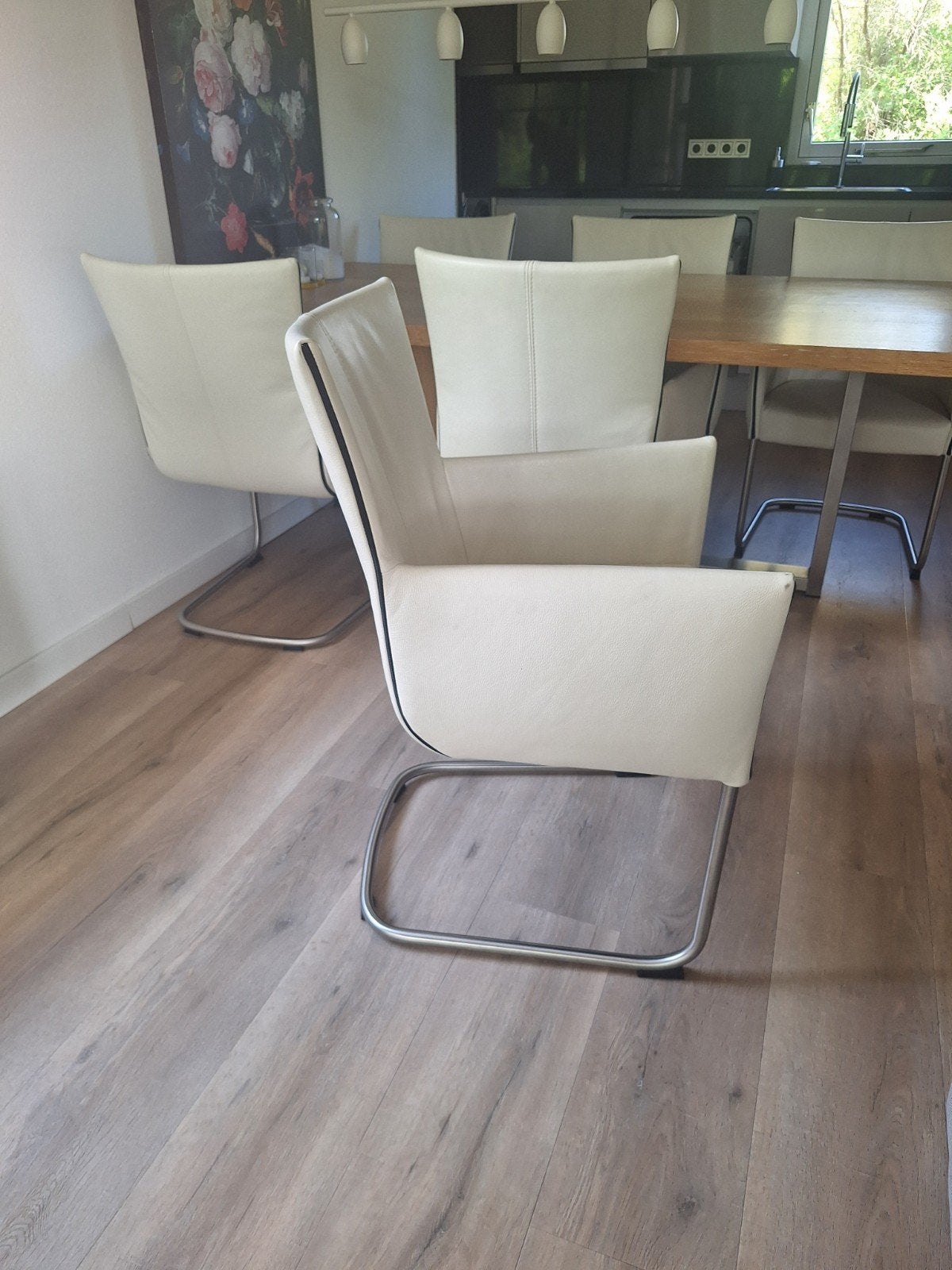 6 Bert Plantagie eetkamerstoelen in wit leer, Huis en Inrichting, Stoelen, Ophalen, Gebruikt, Wit, Modern