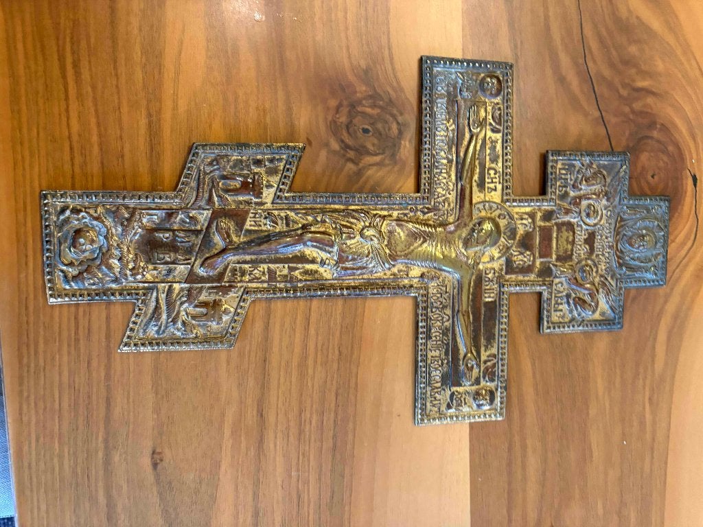 Russisch Orthodox Mandylionkruis - Brons met Patina, Ophalen of Verzenden
