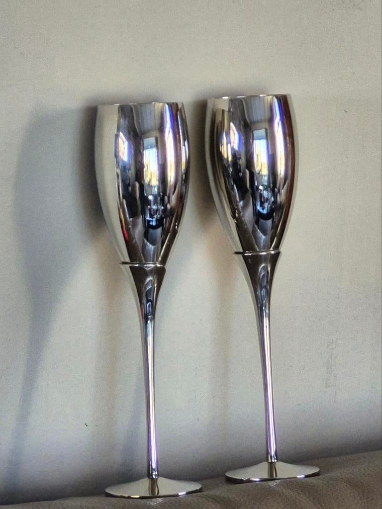 2x metalen zilveren verzilverde champagne flute setprijs, Ophalen of Verzenden, Zo goed als nieuw, Effen, Overige materialen