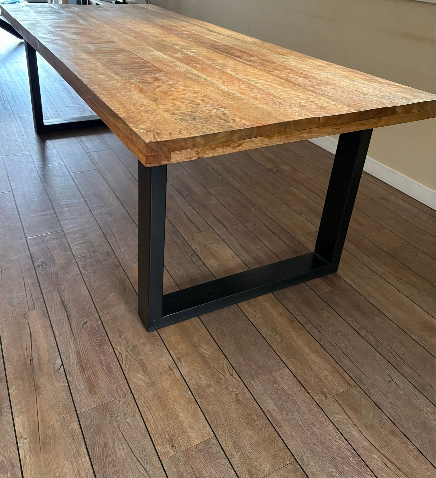 Industriële Eettafel Hout met Zwarte U-poten 240x100x70cm, Ophalen, Gebruikt, 100 tot 150 cm, 200 cm of meer