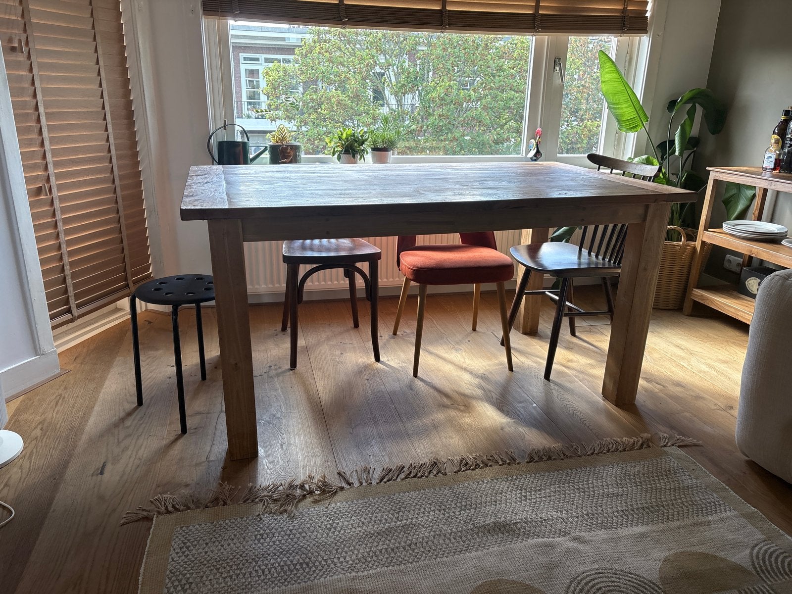 Massief houten eettafel - Robuust en Stijlvol, Ophalen, Gebruikt, 50 tot 100 cm, Vijf personen of meer
