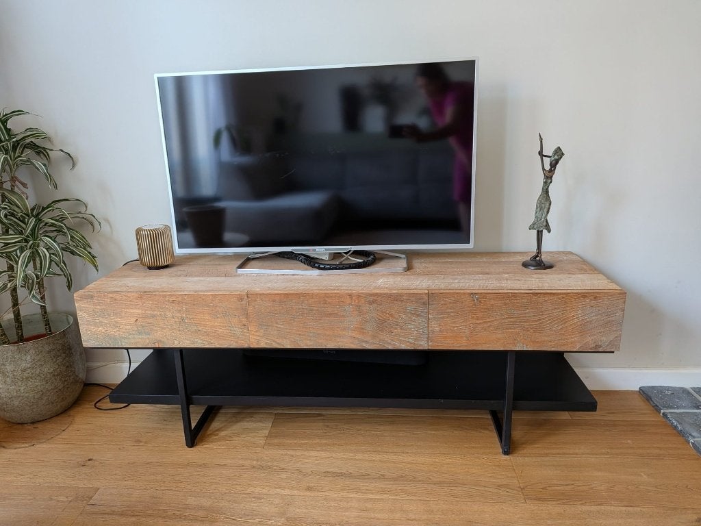 Tv meubel Blora teakhout met lades van Troubadour, Ophalen, 100 tot 150 cm, Teakhout, Nieuw