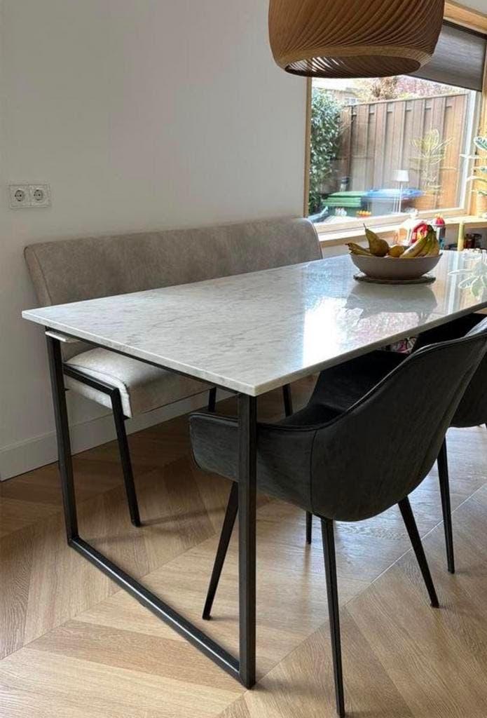 Marmeren eettafel 200 x 90 cm met (blank)staal frame, Ophalen, 50 tot 100 cm, Zo goed als nieuw, 150 tot 200 cm
