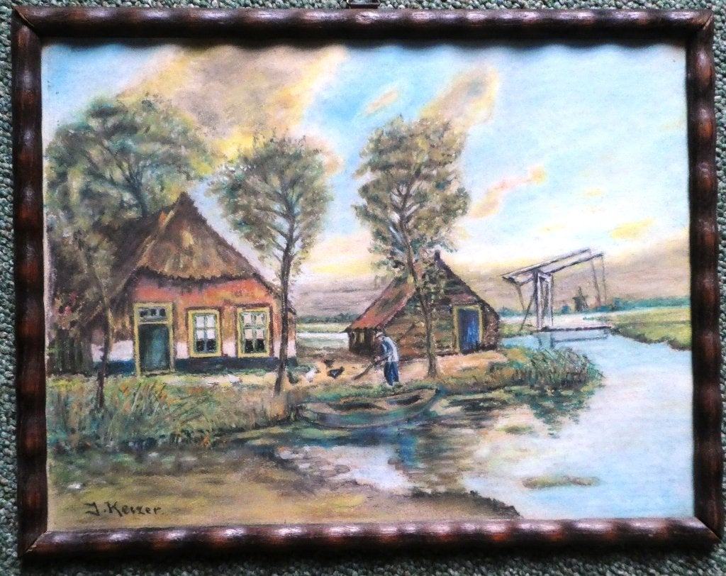 schilderijtje pastelkrijt - boerderij met ophaalbrug, Ophalen of Verzenden
