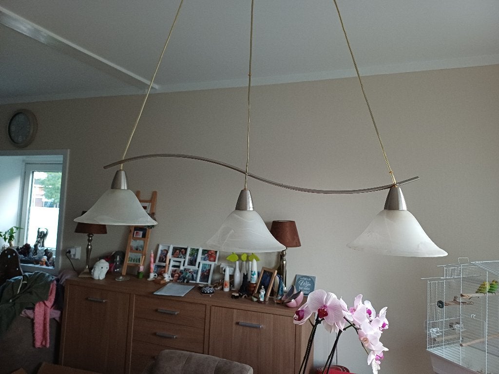 Hanglamp met 3 hangers, Ophalen, Gebruikt, Ijzer met glas, E14 (klein)