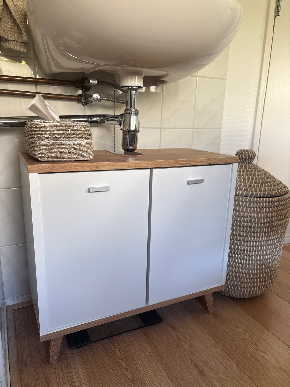 Wastafelonderkast wit met houtlook blad, Huis en Inrichting, Badkamer | Badkamermeubels, Ophalen, Gebruikt, 50 tot 100 cm, Minder dan 100 cm