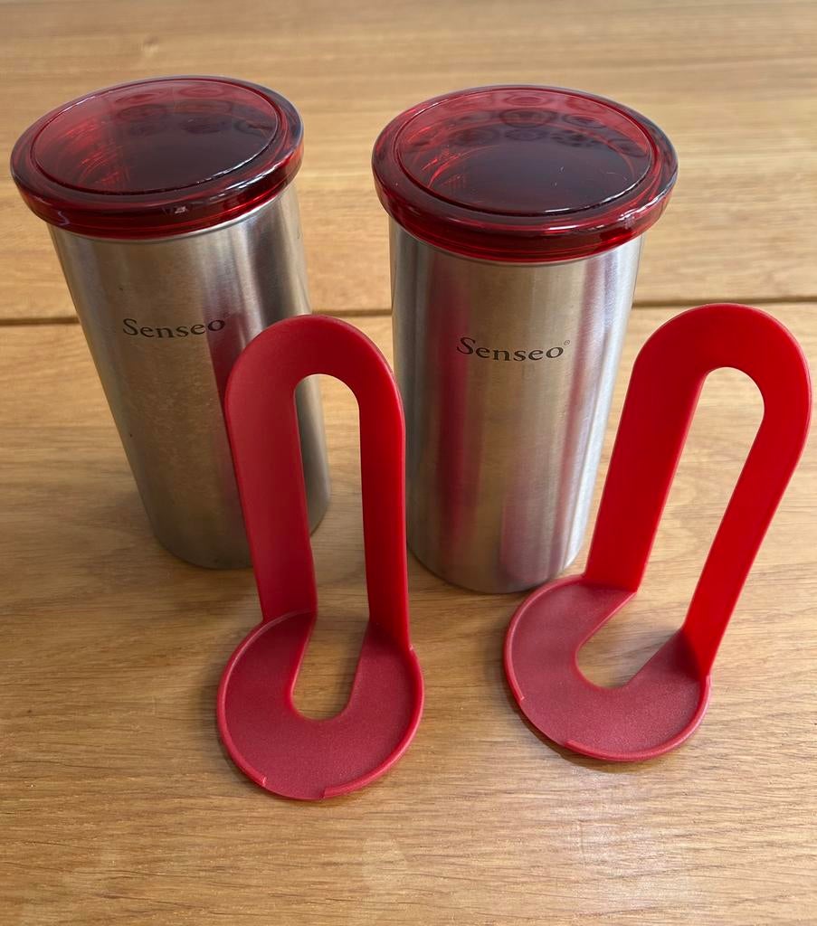 2x Senseo koffiepadhouder bewaarbus blik samen voor 5,-, Ophalen of Verzenden, Rood