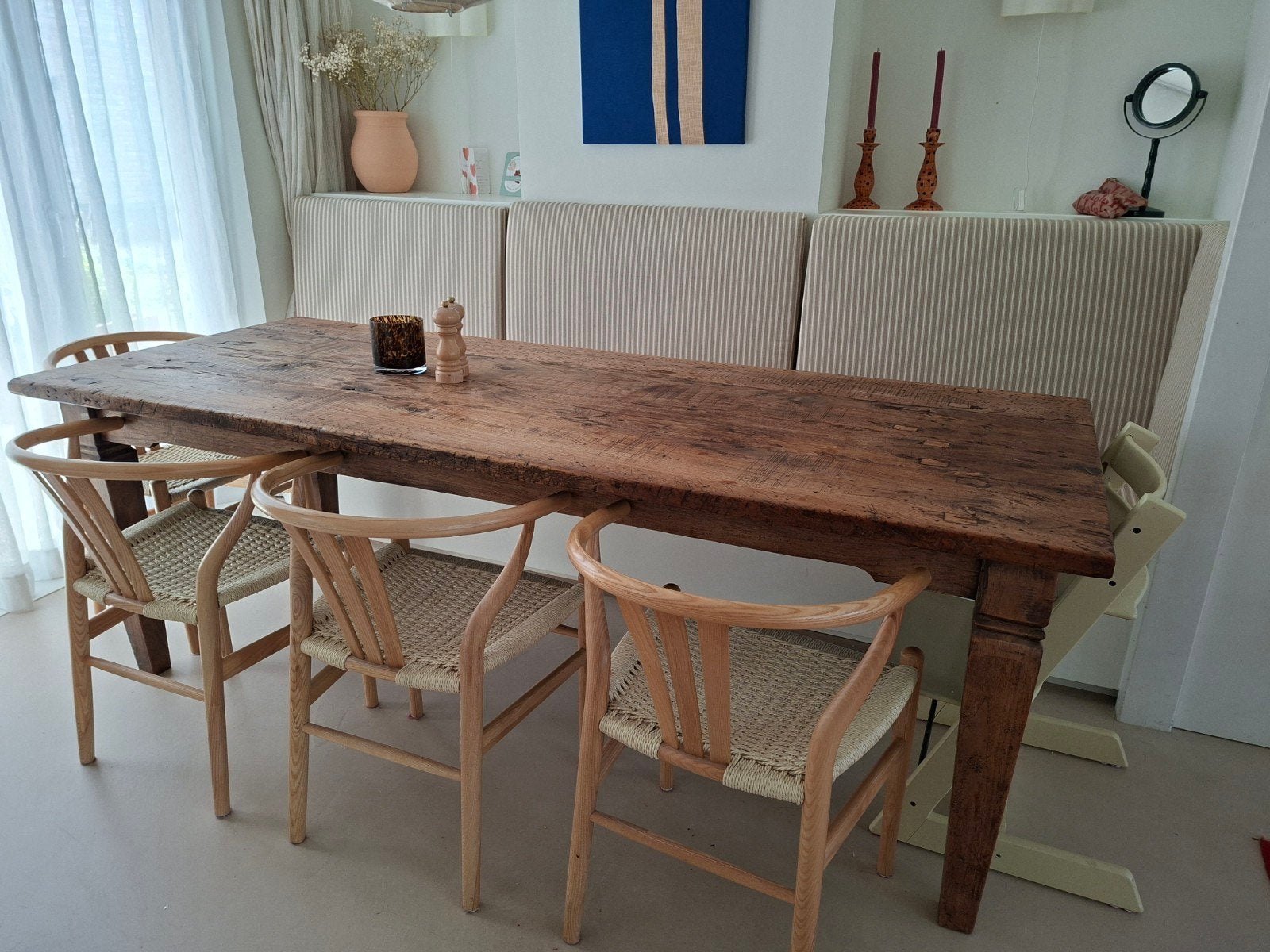 Houten (teak) eettafel van 220 lang, Huis en Inrichting, Ophalen, Gebruikt, Teakhout, 200 cm of meer