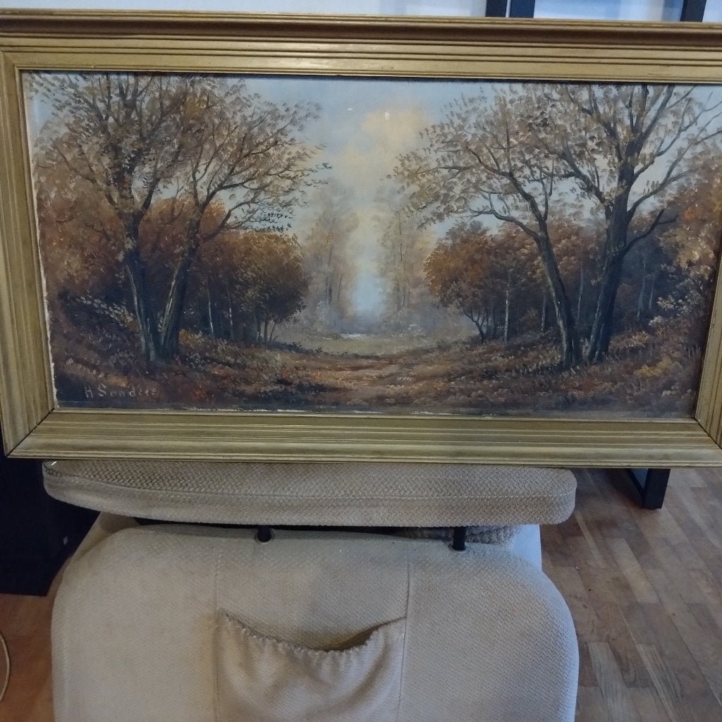 schilderij met lijst "Boslandschap" 91x51, Antiek en Kunst, Ophalen, Doek, Landschap, Olieverf