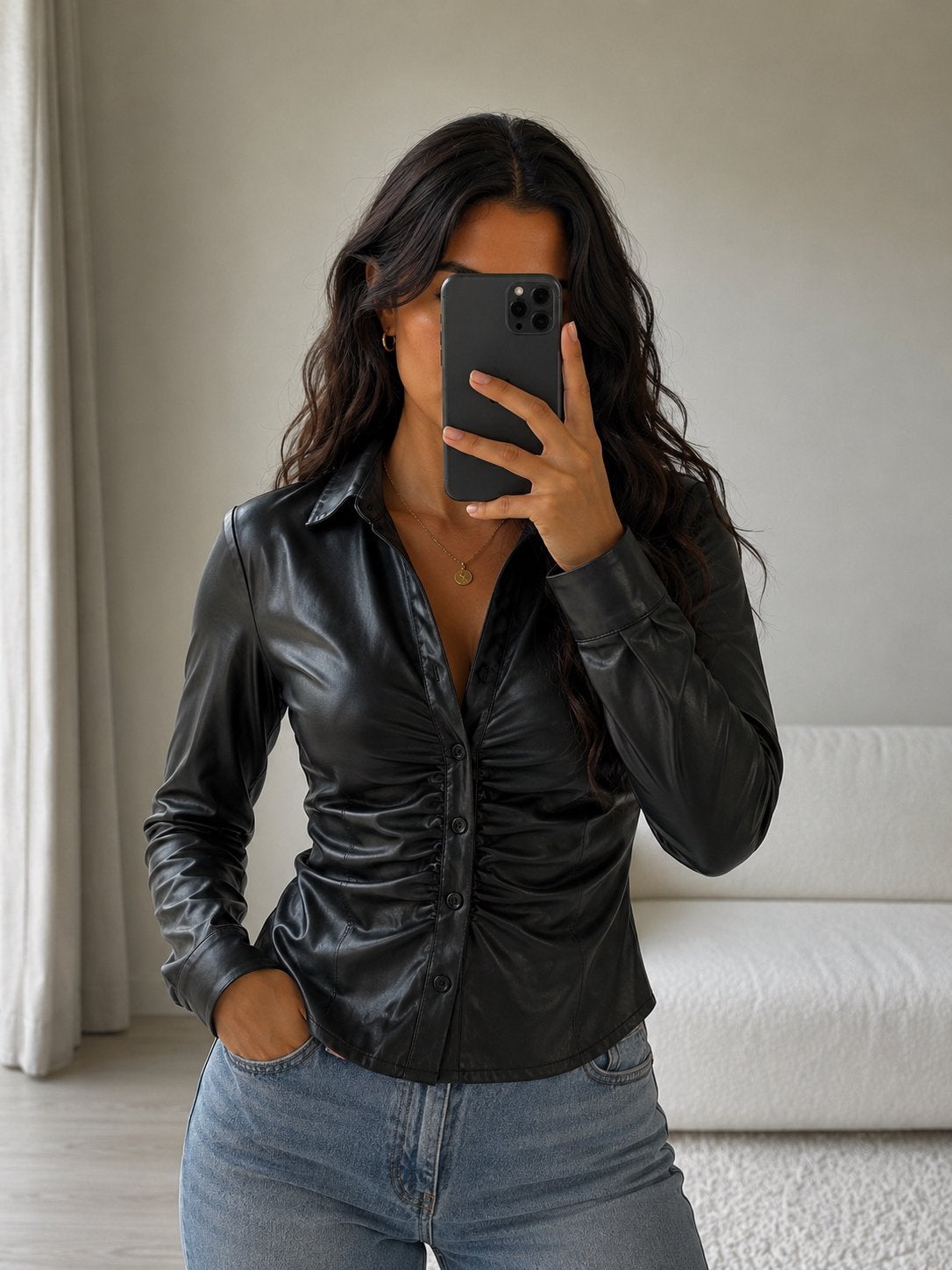 Zwarte Faux Leren Blouse- Sophie & Me. Zo goed als nieuw!, Kleding | Dames, Blouses en Tunieken, Ophalen of Verzenden, Zo goed als nieuw