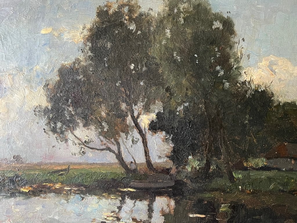 Aris Knikker, polderlandschap met visser in bootje, Antiek en Kunst, Ophalen