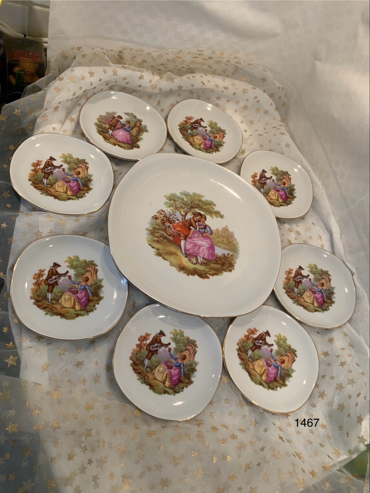 Vintage Bavaria: 8 gebaksbordjes + 1 plat dinerbord met goud, Ophalen of Verzenden