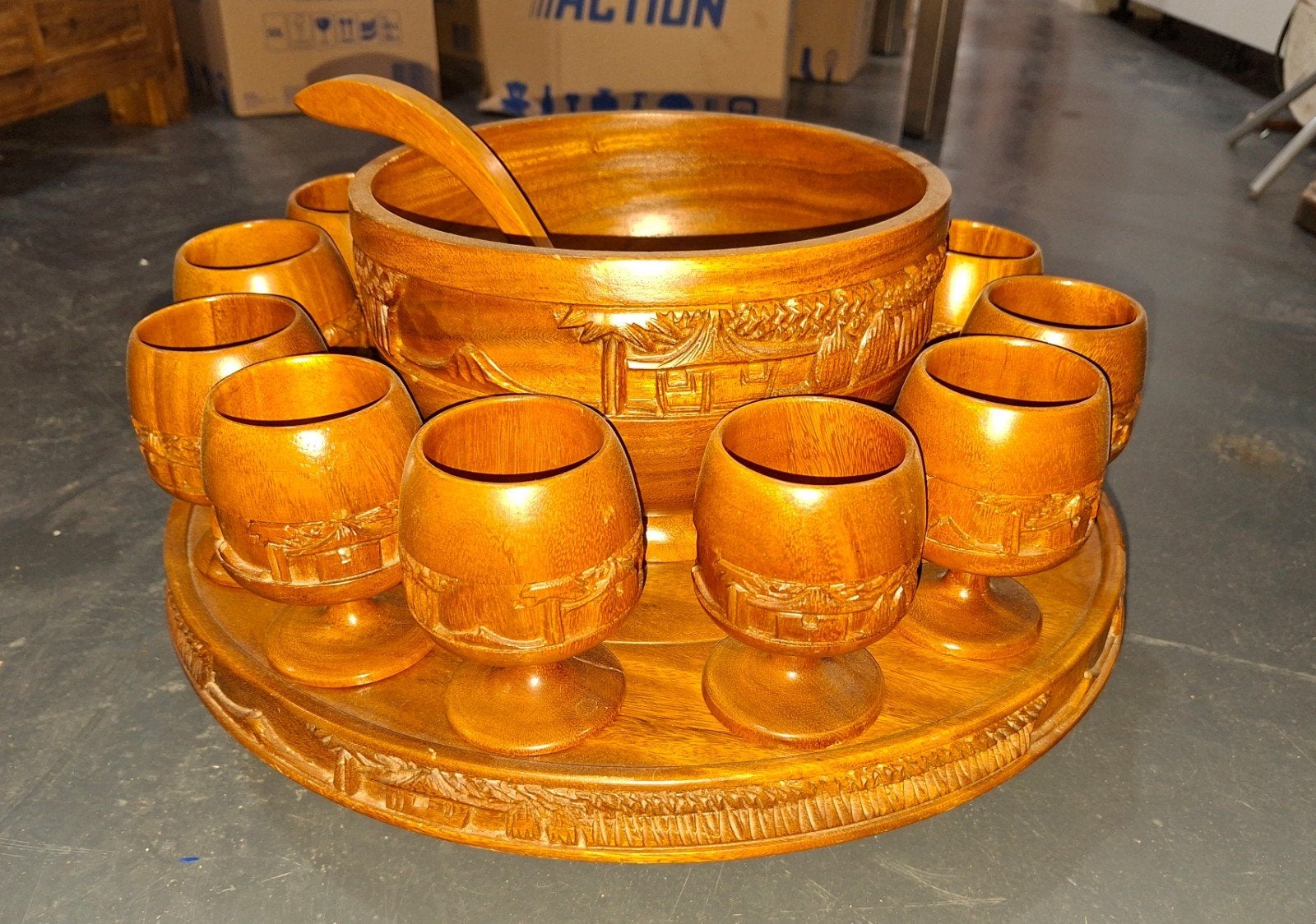 Houten punchset met kom, lepel en 12 bekers, Ophalen of Verzenden