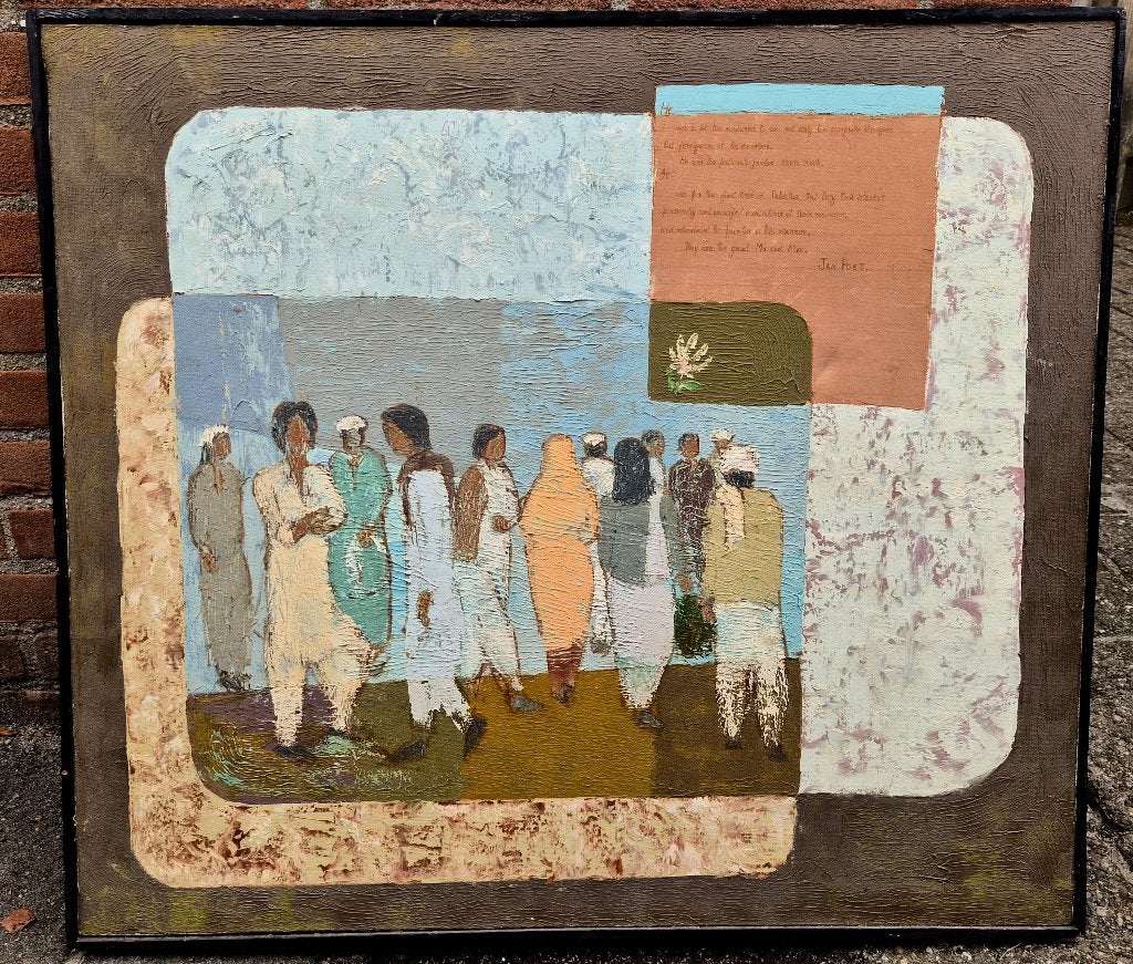 Yawar Imam (XX-XXI) Straat scene in Karachi Pakistan, acryl, Acrylverf, Doek, Surrealisme, Ophalen of Verzenden