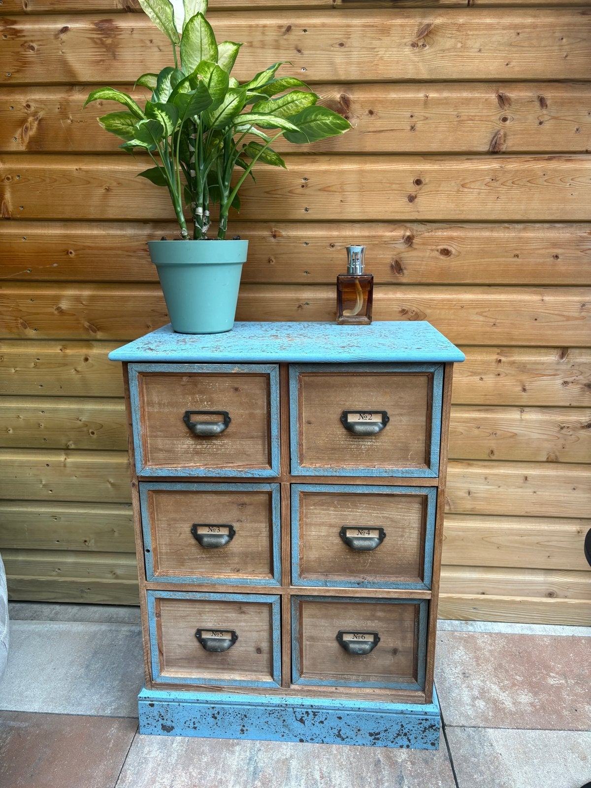 Unieke vintage ladekast met 6 laden - Blauw/Hout, Huis en Inrichting, Gebruikt, 5 laden of meer, Minder dan 100 cm, 25 tot 50 cm