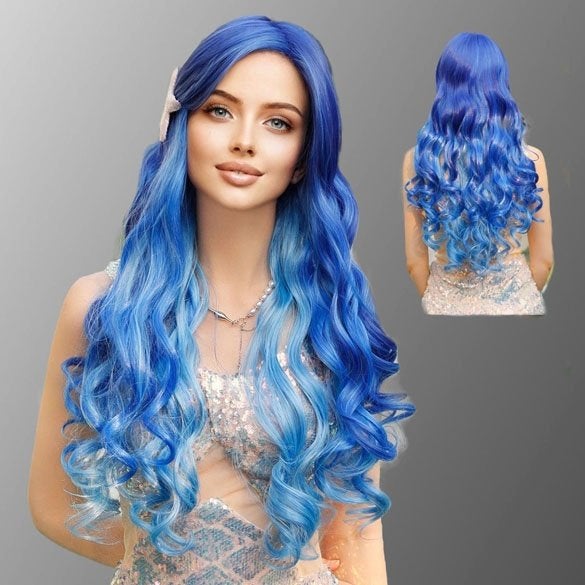 Luxe duo-color pruik blauw lang krullend haar Zeemeermin, Ophalen of Verzenden, Nieuw, Pruik of Haarverlenging