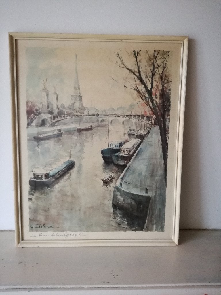 aquarel La Toure Eiffel et la Seine,  Delarue, Antiek en Kunst, Overige stijlen, Overige ondergronden, Aquarel, Stads- / dorpsgezicht