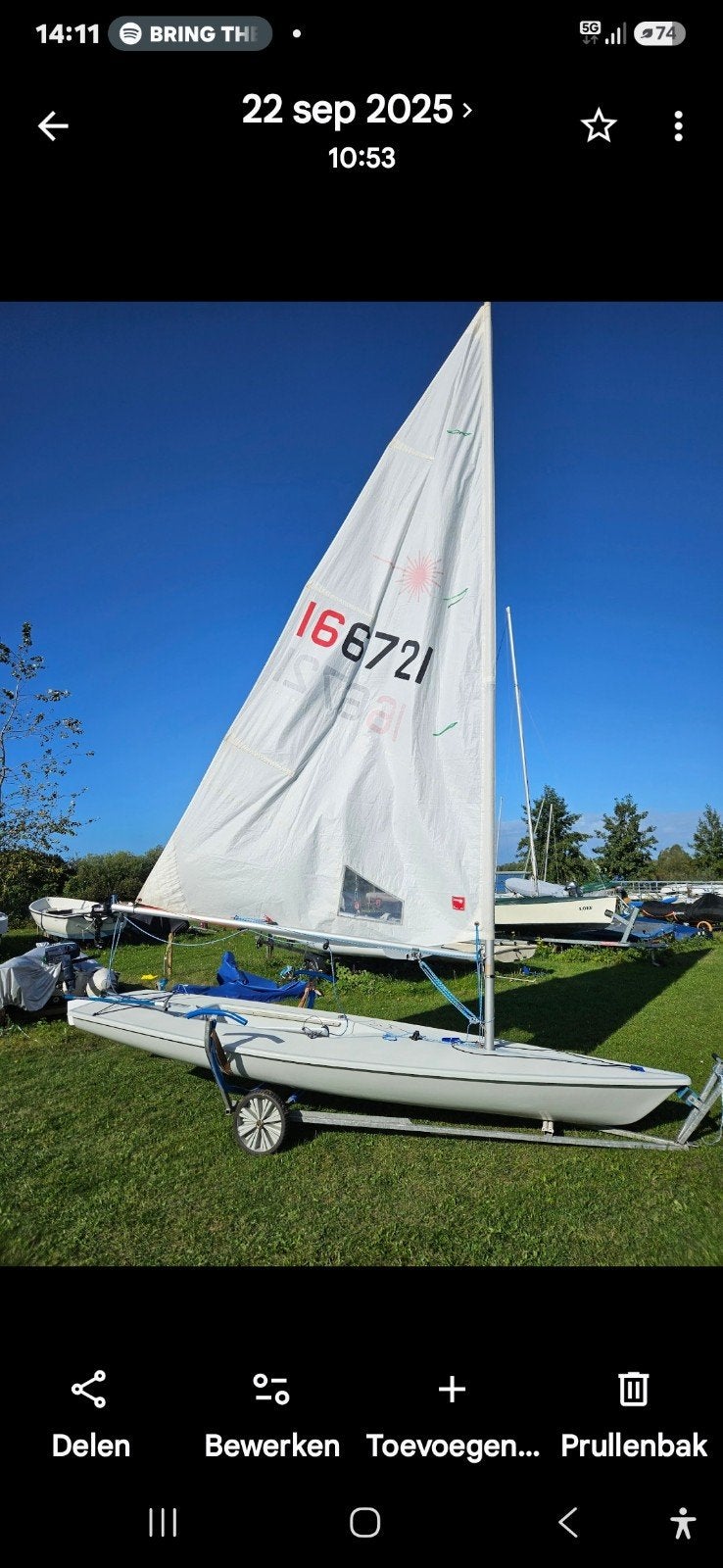 laser incl wal en wegtrailer, Watersport en Boten, Ophalen of Verzenden, Gebruikt, Grootzeil, Minder dan 15 m²