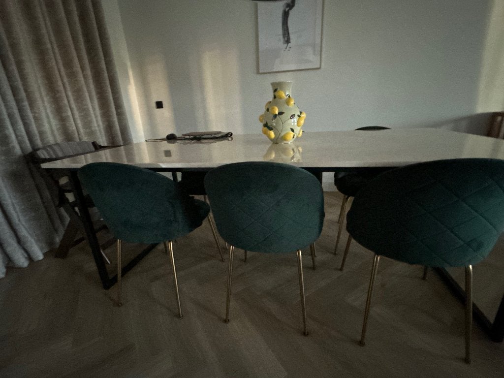Eetkamerstoelen velvet groen zes stuks, Huis en Inrichting, Stoelen, Ophalen, Zo goed als nieuw, Overige kleuren, Vijf, Zes of meer stoelen