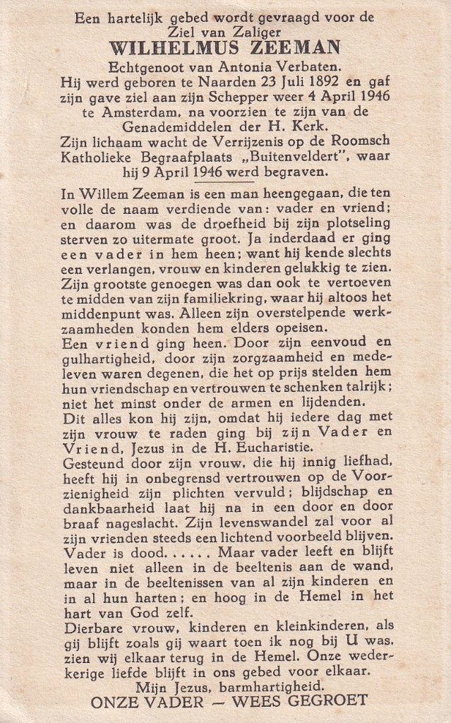 Zeeman Wilhelmus 1892 Naarden 1946 Amsterdam, Ophalen of Verzenden, Bidprentje