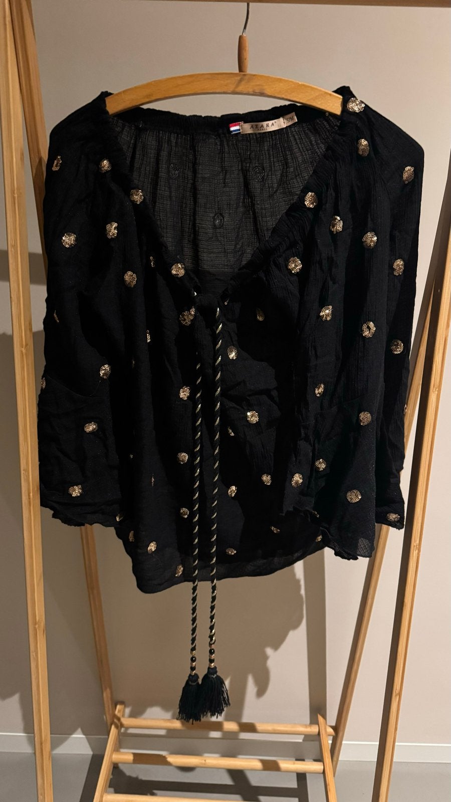 Zwarte Azara Paris blouse met gouden pailletten, Kleding | Dames, Zwart, Ophalen of Verzenden, Zo goed als nieuw, Lange mouw