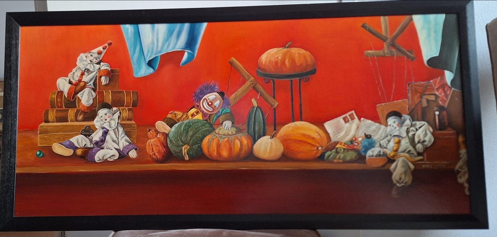 Schilderij met clowns, pompoenen en poppen, Ophalen, Doek, Realistisch, Gesigneerd