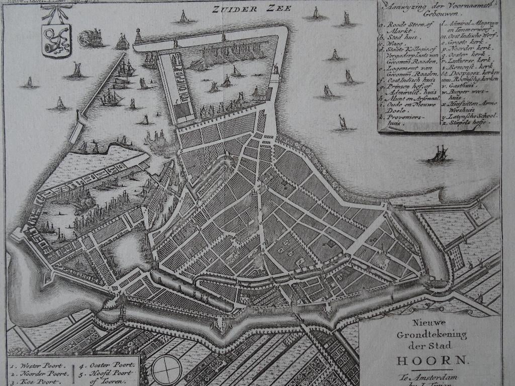 Gravure plattegrond Hoorn, Tirion 1743, Antiek en Kunst, Kunst | Etsen en Gravures, Verzenden, Cartografie, Gravure, Origineel