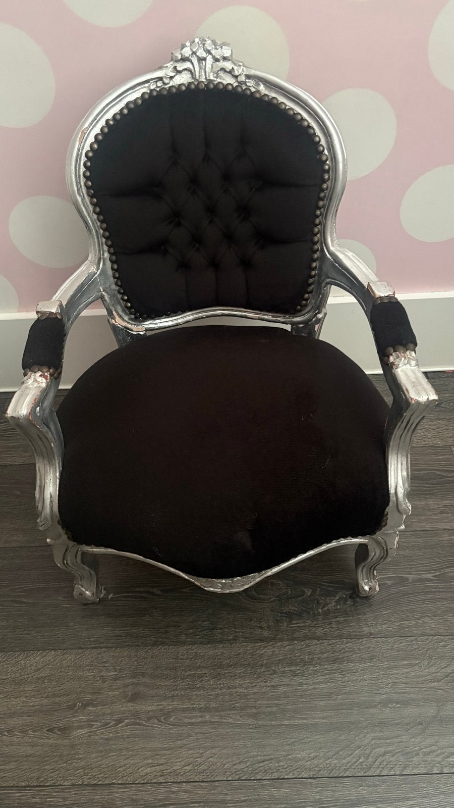 Barokke kinderstoel, zwart fluweel met zilveren frame, Ophalen